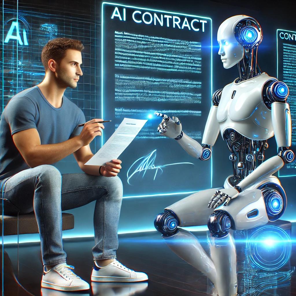 un humain et un robot assis l'un en face de l'autre dans un décor numérique. le robot donne des informations à 'humain qui ecoute et va prendre des notes