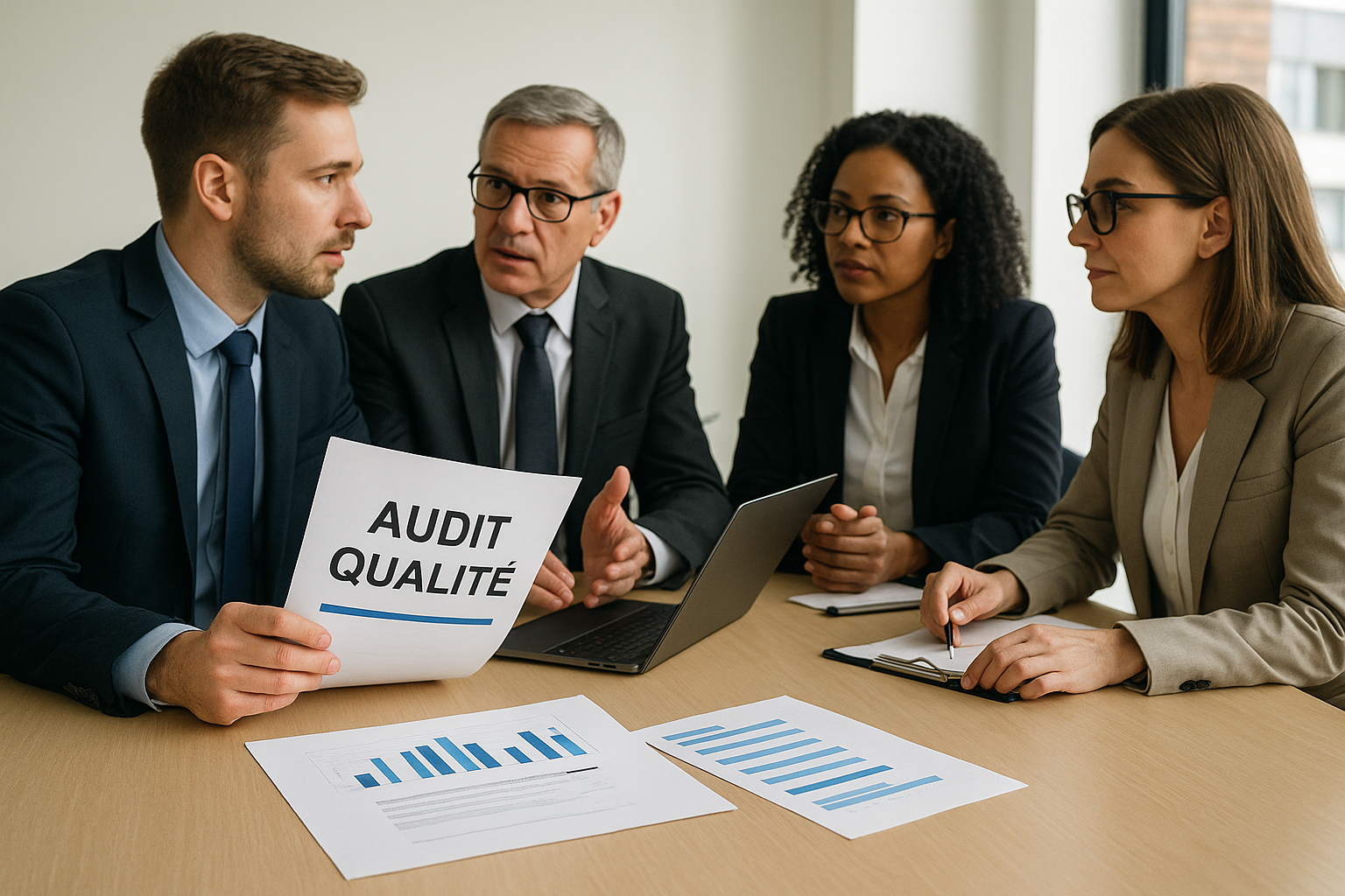 Réunion d’un groupe de professionnels en entreprise préparant un audit Qualité dans le cadre de la réforme Qualiopi avec documents et graphiques sur la table.