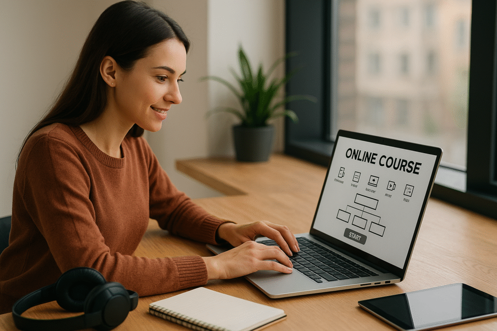Un formateur ou une formatrice en train de créer une formation en ligne sur son ordinateur portable, entouré·e de carnets, casque audio, tablette, avec une ambiance lumineuse, professionnelle et moderne, dans un espace de coworking ou home office