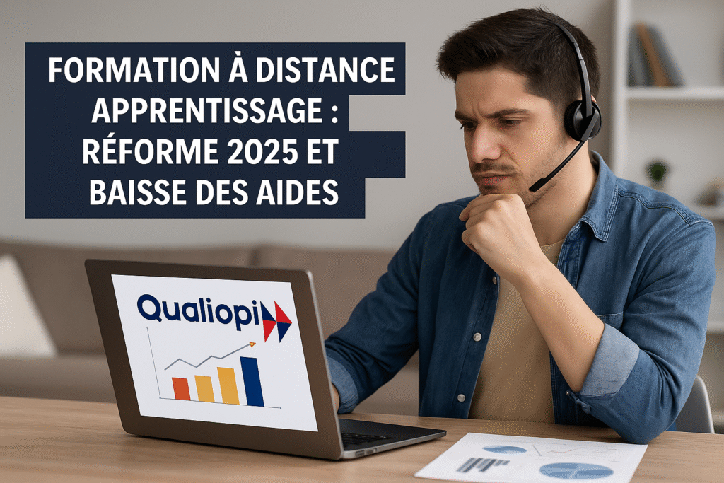 Réforme 2025 : impact de la baisse de financement sur la formation à distance apprentissage en alternance, illustré par un étudiant en ligne.