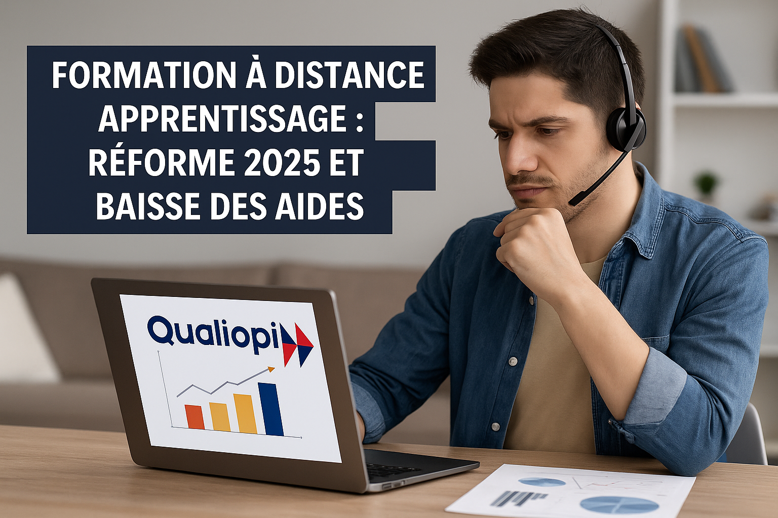 Réforme 2025 : impact de la baisse de financement sur la formation à distance apprentissage en alternance, illustré par un étudiant en ligne.