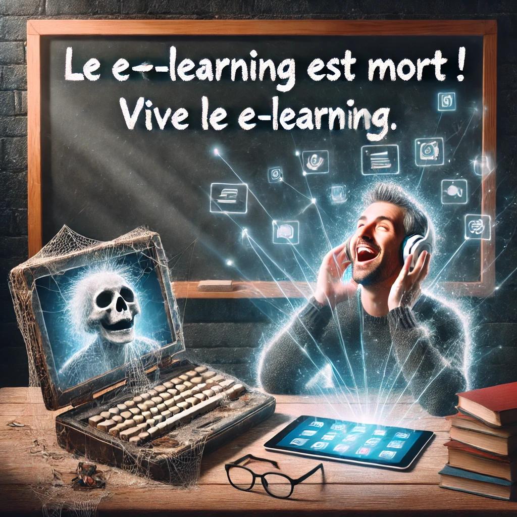 ordinateur avec tete de mort pour illustrer la mort du elearning mais apprenant heureux pour illustrer l'avenr du e-learning